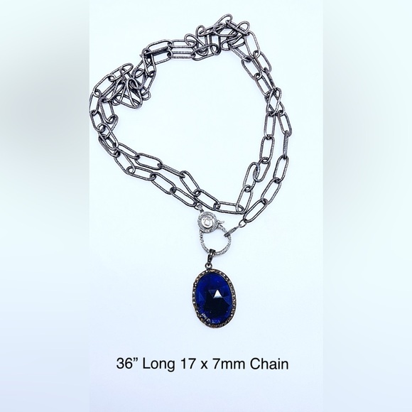 Diamond Sapphire Pendant on 36” Oxidized Sterling Paperclip Chain Diamond Clasp - Picture 2 of 10